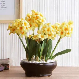 Yellow Polyester Tulip Artificial Flower With Ceramic Pot By Fourwalls-picture-3
