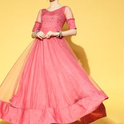 Inddus Women Peach Floral Festive Gown-image-63