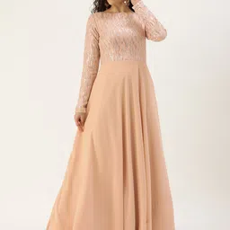 Ethnovog Peach-Coloured Embroidered Georgette Ethnic Maxi Dress-17