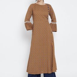 YASH GALLERY Brown, Blue & White Floral Printed A-line Kurti-picture-29