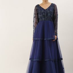 Ethnovog Blue Embellished Net Maxi Maxi Dress-image-3