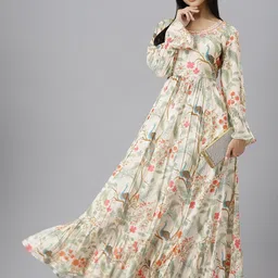 Divena Beige & Green Floral Print Satin Flared Gown-picture-25