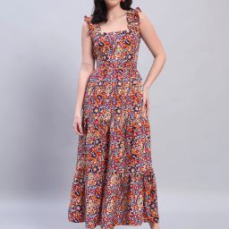 Women A-line Orange, Blue Maxi/Full Length Dress-image-3