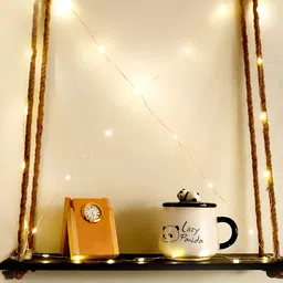 VAH Kya Bat Hai !! White & Brown Wooden 2 Layers Wall Hanging Shelves With LED Light-54