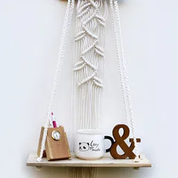VAH Kya Bat Hai !! White & Brown Macrame Leaves Design Floating Hanging Wall Shelves-49