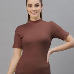 Friskers Brown High Neck Short Sleeve Casual Top-image-56