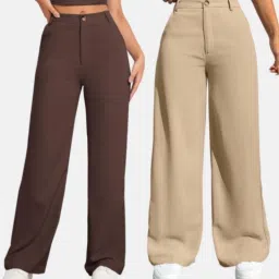 Pack of 2 Women Regular Fit Brown, Beige Cotton Blend Trousers-picture-11
