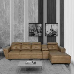 woodsworth from pepperfry Impero Leatherette LHS Sectional Sofa (3+ Lounger) in Light Brown Colour-picture-11