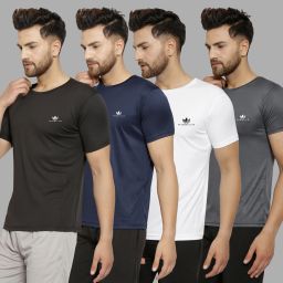Pack of 4 Men Solid Round Neck Polyester Black, Navy Blue, White, Grey T-Shirt-image-102