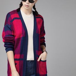 roadster Women Checkered Blue, Pink Sweater-picture-40