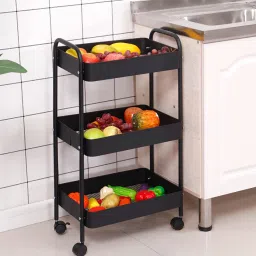 Kitchen Rack 3 Tier Square Rotating Stand, Basket Organizer, Portable Storage, Carbon Steel, Stainless Steel Kitchen Trolley-3