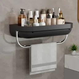 Bathroom Self Adhesive Shelf For Cosmetic Organizer Black Towel Holder-image-69