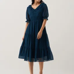 AASK Self Design Puff Sleeves Crepe Flared Fit & Flare Midi Dress-picture-20