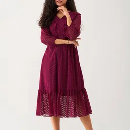 AASK Self Design Puff Sleeve Gathered Crepe Fit & Flare Midi Dress-picture-21