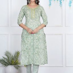 GREYSHADE Floral Embroidered Sequinned Round Neck Straight Pure Cotton Kurta with Trousers-picture-12