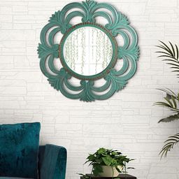 Aapno Rajasthan Vintage Style Teal-green Brass Work Textured Wooden Framed Wall Mirror-48