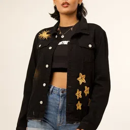 VALKYRE Unisex Floral Cotton Longline Denim Jacket with Patchwork-48