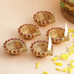 Aapno Rajasthan Set Of 5 Gold-Coloured & Red Kundan-Studded Handmade Diyas image 1