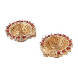 Aapno Rajasthan Set Of 5 Gold-Coloured & Red Kundan-Studded Handmade Diyas image 5