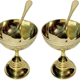 Brass Dessert Bowl Brass IceCream Cup With Brass Stand & Spoon Serving Dessert , Pudding ,IceCream-image-45