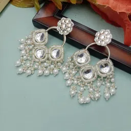 White Gold Plated Beautiful Kundan Stone Dangler Earrings for Women's and Girls Alloy Drops & Danglers-12