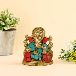 CraftVatika Golden & Red Lotus Ganesha Idol Brass Showpiece-image-41