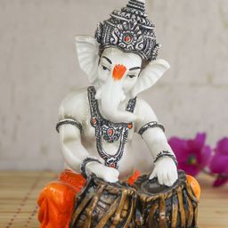 eCraftIndia Off-White & Orange Handcrafted Lord Ganesha Playing Tabla Idol Showpiece-image-6