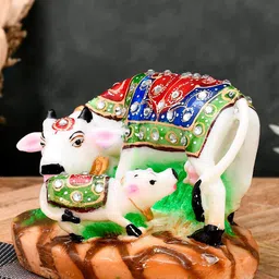 RDK White & Green Kamdhenu Cow With Calf Figurine Showpiece-10