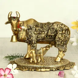 HANDICRAFTS PARADISE Gold Toned Metal Cow Mother And Child Sculpture Idol Showpiece-37