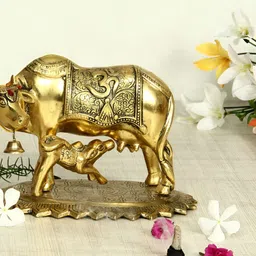 HANDICRAFTS PARADISE Gold Toned Metal Cow Mother And Child Sculpture Idol Showpiece-39