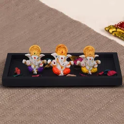 TIED RIBBONS Set Of 3 Mini Ganesha With Wooden Tray Showpiece-74