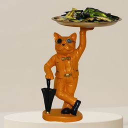 BECKON VENTURE Orange & Gold Toned Cat With Tray Figurine Showpiece-image-33