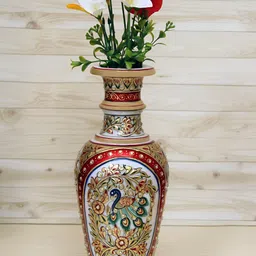 HANDICRAFTS PARADISE White & Gold Toned Marble Flower Vase Showpiece-12