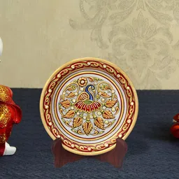 HANDICRAFTS PARADISE Gold Toned & Red Marble Round Plate Showpiece-picture-16