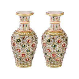 HANDICRAFTS PARADISE White & Gold Toned 2 Pieces Marble Flower Vase Showpieces-18