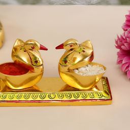 Kridaykraft Gold-Toned & Red Metal Small Double Duck Stand Showpiece-22