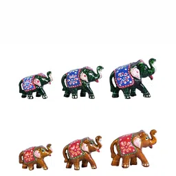 COOPTIC Green &Red 6Pcs Wooden Elephant Design Showpiece-image-34