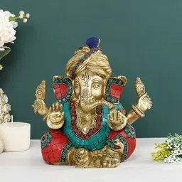 CraftVatika Red & Blue Textured Cap Safa Ganesha Brass Idol Showpiece-image-24