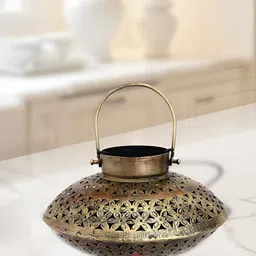 HANDICRAFTS PARADISE Brown Metal Antique Cut Work Oval Tea Light with Handle Showpiece-4