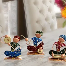 HANDICRAFTS PARADISE Red & Blue 3 Pcs Metal Rajasthani Musicians Medium Showpieces-image-50