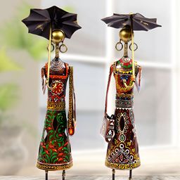 HANDICRAFTS PARADISE Green & Orange 2 Pieces Figurine Iron Ladies Pair Showpiece-image-17