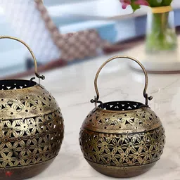 HANDICRAFTS PARADISE Bronze 2 Pieces Paradise Cut Work Tea Light with a Handle Showpieces-image-61
