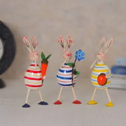 HANDICRAFTS PARADISE Blue and Yellow 3 Pieces Figurine Stripped design Rabbit Showpiece-image-32