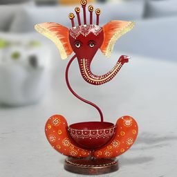 HANDICRAFTS PARADISE Orange & Red Lord Ganesha Tea Light Showpiece-image-49