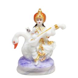 GLOOKS Blue & White Textured Saraswati Maa On Swan Marble Idol Showpiece-image-54