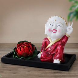 TIED RIBBONS Red Decorative Buddha Idol Monk Tray & Faux Lotus Flower Showpiece-33