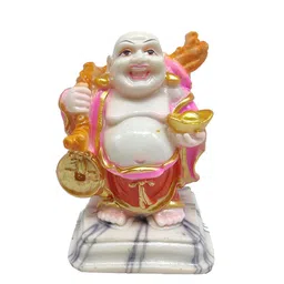 GLOOKS White & Yellow Laughing Buddha Marble Dust Statue Showpiece-image-94