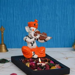 eCraftIndia Black & Orange Ganesha Playing Violin Showpiece with Rectangle Wooden Base Plate-image-86