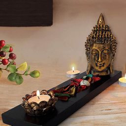 TIED RIBBONS Multi Decorative Buddha Head with Tray, Candle Holder & Potpourri Flowers-51