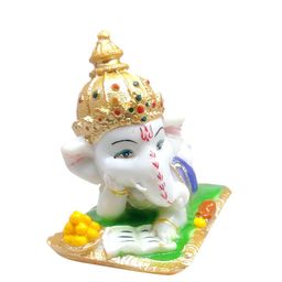 GLOOKS White & Green Textured Ganesha Reading Marble Idol Showpiece-image-71
